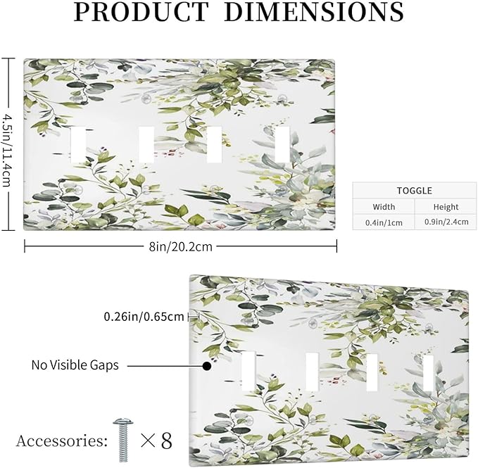 Eucalyptus Sage Green Leaf Plant Floral Light Switch Covers Quad Toggle Electrical Faceplate 4 Gang Wall Plate Decorative Switch Plates for Bedroom Living Room Decor