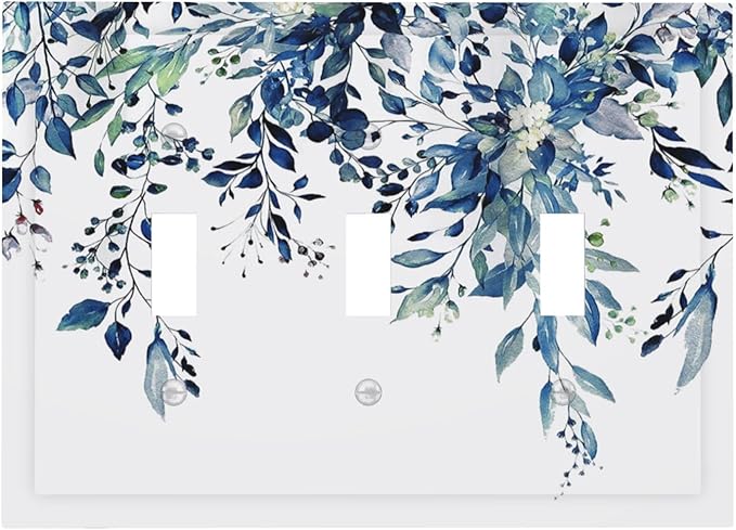 Blue Eucalyptus Watercolor Leaves 3 Gang Light Switch Plate Decorative Green Plant Triple Toggle Wall Plate Cover Electrical Faceplate Switchcover for Kidroom Bathroom Home Bedroom Art Panel Decor