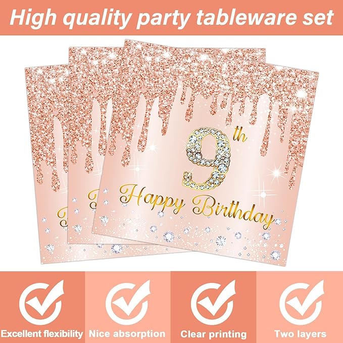 96 Pcs Rose Gold 9th Birthday Party Plates and Napkins for Girls Rose Gold Party Supplies Pink Happy 9 Years Birthday Party Tableware Set for 24 Guests Party Decorations