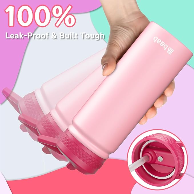 baab 18oz Kids Water Bottle, Insulated Water Bottle with Straw & Stickers, 18/8 Stainless Steel Vacuum Leakproof Kids Water Straw Cup for School, Perfect for Boy Girl (Rose Pink, 1 Pack)