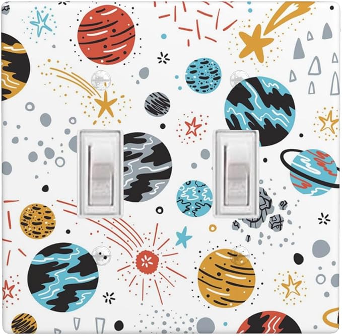Space Planets Stars 2-Gang Double Toggle Light Switch Plate, Cartoon Space Wall Plate for Home, Office, Kids Room & Playroom