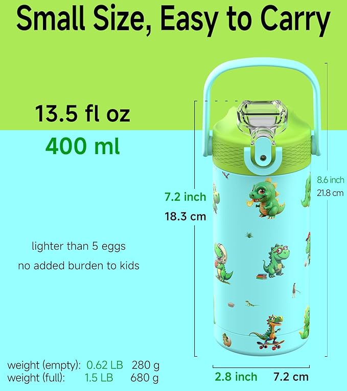 MYFOREST 14oz/400ml Insulated Kids Water Bottle, Odor-Free Surgical Grade Liner, Dishwasher-Safe, Name Spot, Soft Sipper, Gift for Dino Fan (Blue. Dinosaurs)