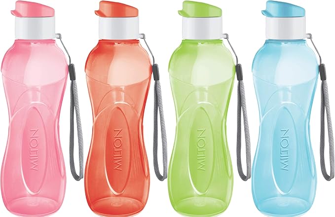 MILTON Water Bottle Kids Reusable Leakproof 17 Oz 4-Pack Plastic Wide Mouth Large Big Drink Bottle BPA & Leak Free with Handle Strap Carrier for Cycling Camping Hiking Gym Yoga