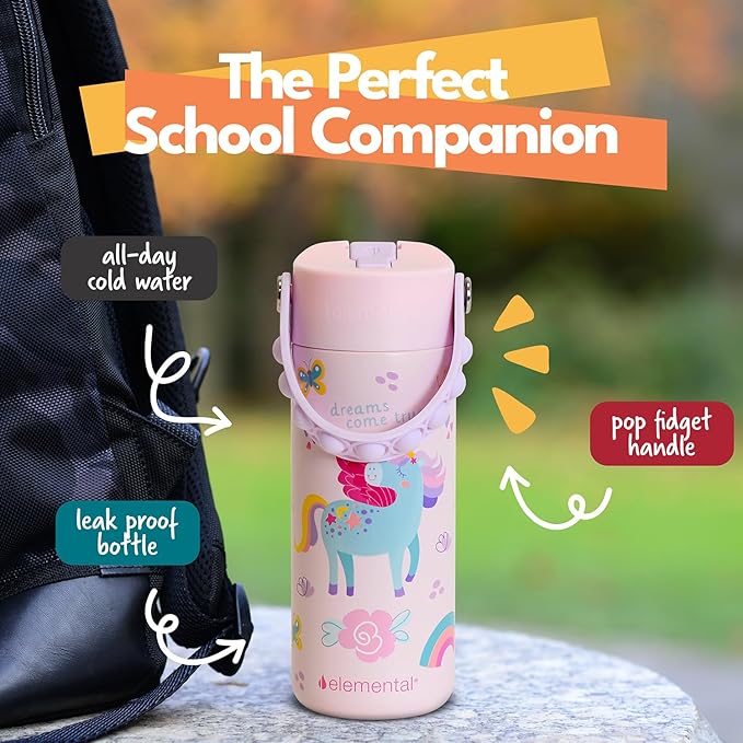 Elemental Insulated Kids Water Bottle, Stainless Steel Water Bottle with Straw Lid & Pop-It Handle, Leak-Proof Water Bottles for School, Boys or Girls, Travelling and Sports, 18oz - Unicorn Rainbow