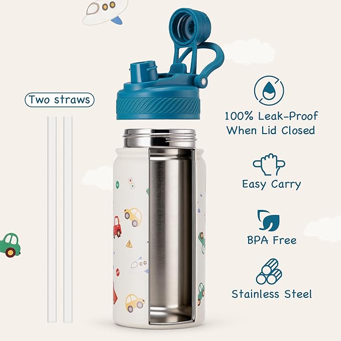 Fijinhom 12 oz Kids Water Bottle, 2-in-1 Stainless Steel Vacuum Insulated Water Bottle for Toddler, Leak Proof Spout & Straw, Double Wall Thermal Flask for Boys&Girls, School, Outdoor, Travel (Car)