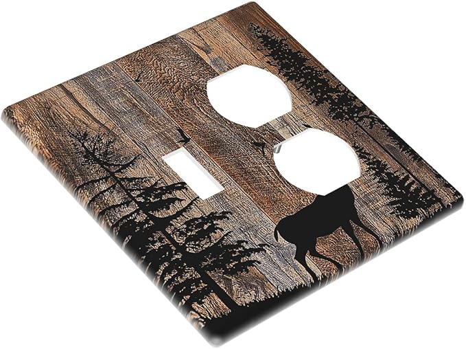 Wallplates Rustic Forest Antler Elk Deer Silhouettes Animals Wood Grain 1 Toggle 1 Duplex Switch Plate Electrical GFCI Faceplate Decorative Light Switch Covers for Farmhouse Home Decor
