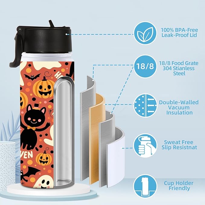 Volhoply 18oz Insulated Water Bottle Bulk 8 Pack,Kids Stainless Steel Water Bottles with Straw Lid,Double Wall Vacuum Reusable Metal Bottle,Wide Mouth Sports Flask For Cold Drink(Sublimation,8 Set)