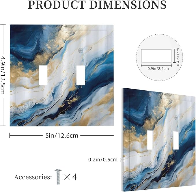 Abstract Blue Granite Luxury Watercolor Marble Texture Print Double Toggle Light Switch Covers Decorative Unique 2 Gang Wall Plate Dual Electrical Faceplate Switchplate for Kitchen Bathroom Decor