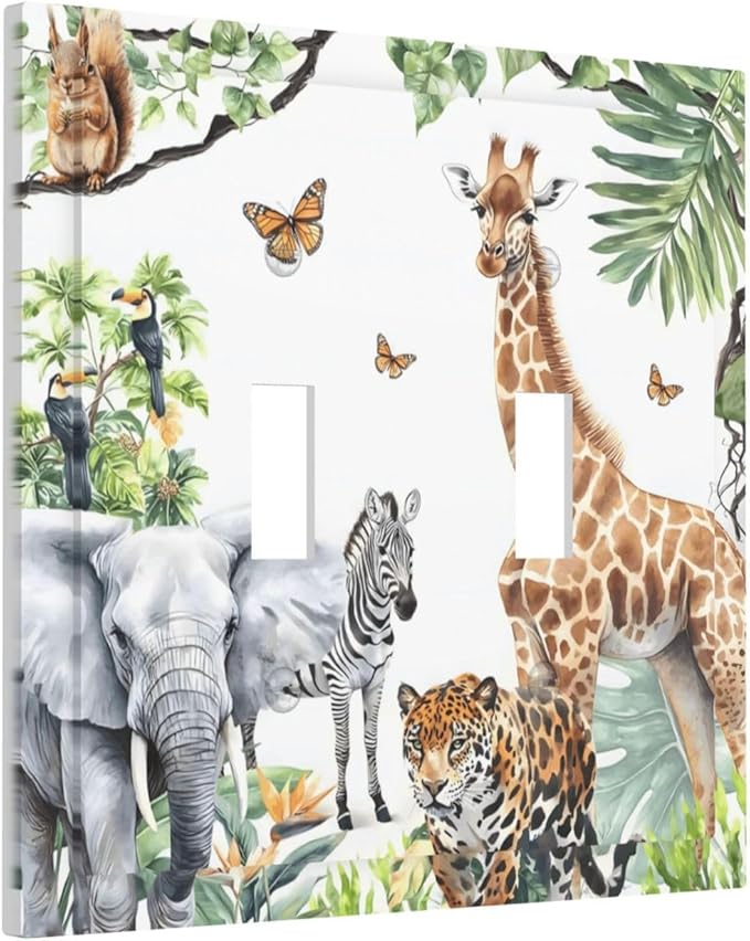 Elephant Giraffe Jungle Animals Leopard Zoo Decorative Switch Plates 2 Gang Double Toggle Outlet Light Switch Cover Wall Plate Electrical Faceplate for Kids Room Nursery Decor