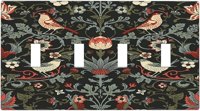 Vintage Birds Berries Mid Century Floral Flower Light Switch Covers Quad Toggle Electrical Faceplate 4 Gang Wall Plate Decorative Switch Plates Cover for Bedroom Living Room Decor