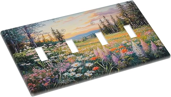 Light Switch Covers Floral Landscape Rustic Nature Wildflower Quad Toggle Electrical Faceplate 4 Gang Wall Plate Decorative Switch Plates For Bed Room Living Room Decor