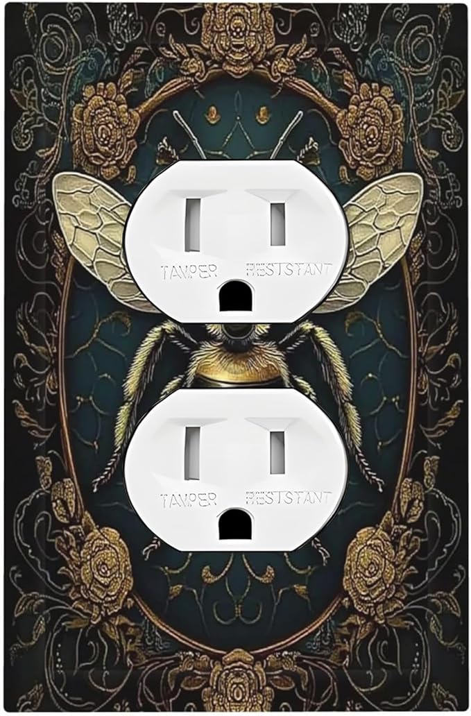 Outlet Covers Mid Century Bee Dark Floral 1 Gang Duplex Light Switch Cover Decorative Switch Plates Electrical Receptacle Faceplate Wall Plate For Home Office Decor