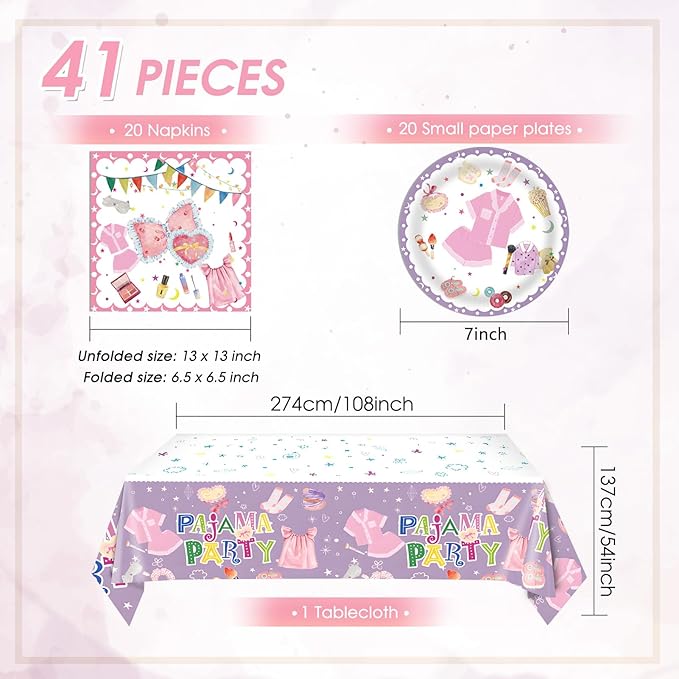 41Pcs Pajama Party Decorations Tableware Set Sleepover Party Supplies For Girls Include Pajama Plates Napkins Tablecloth丨Girls Slumber Party Spa Party Bachelorette Party Birthday Party Decor,Serve 20