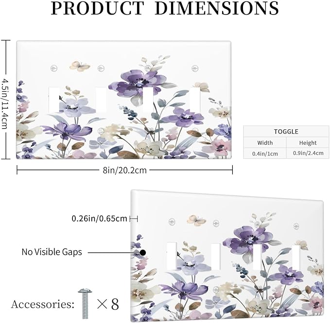 Purple Watercolor Flower Floral Butterfly Light Switch Covers Quad Toggle Electrical Faceplate 4 Gang Wall Plate Decorative Switch Plates Cover for Bedroom Living Room Decor
