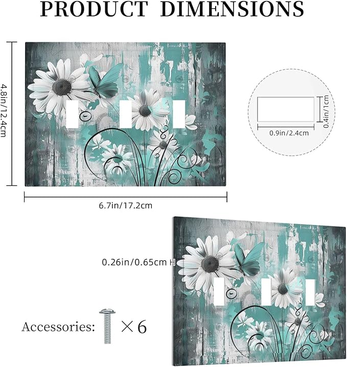 Decorative Switch Plates Teal Daisy Floral Vintage Wood Plank 3 Gang Wall Plate Triple Toggle Light Switch Cover Faceplate Electrical Wall Panels For Farmhouse Cabin Decor