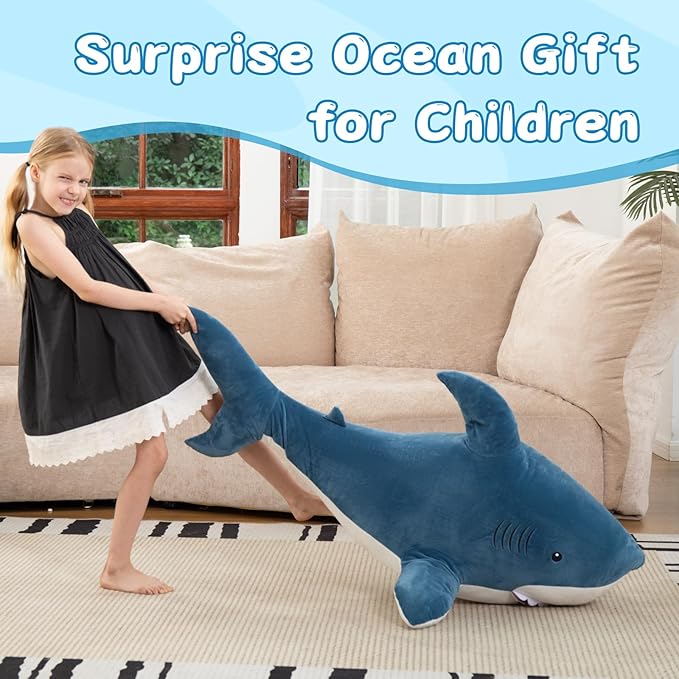 MorisMos 51inch Giant Shark Stuffed Animal, Large Shark Plush Toy Pillow Gift for Kids, Girlfriend, Blue