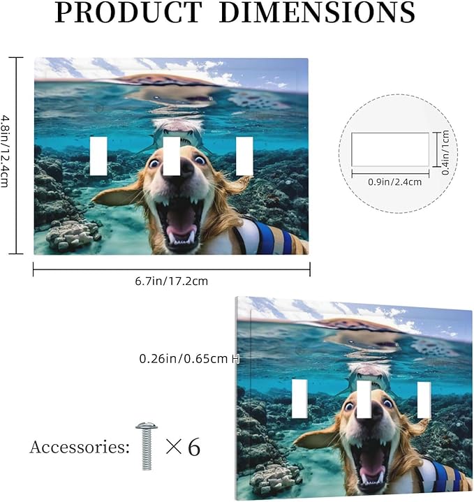 Decorative Light Switch Plate Covers Angry Shark Chased Funny Dog Underwater Sea 3 Gang Wall Plate Switch Cover Plate Triple Toggle Jumbo Electrical Faceplate for Bedroom Decor