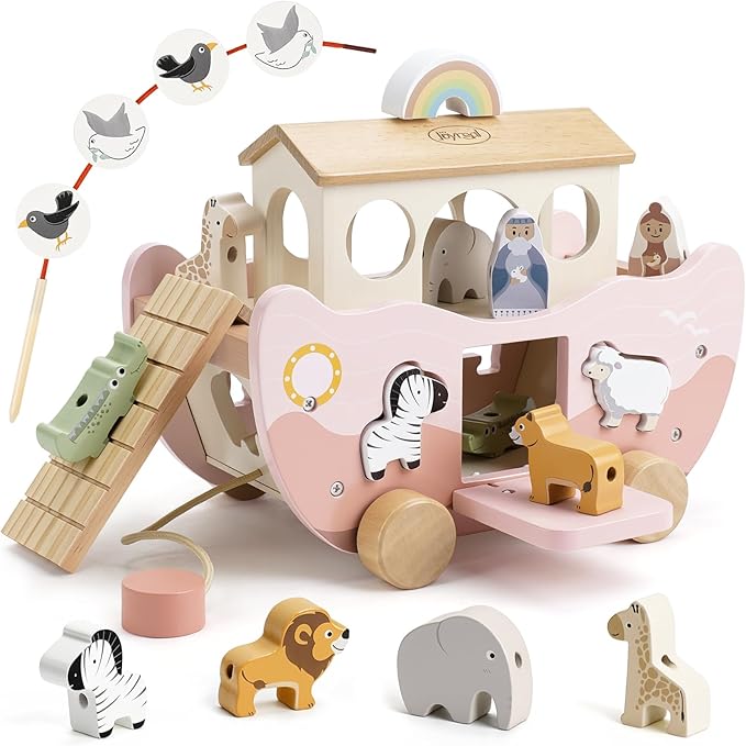 Joyreal Pink Wooden Noah's Ark Toy for 1 Year Old Baby Girl Baptism Gift - Montessori Educational Toy with Animal Shape Sorter - Christian Toys for Toddler Boy 1-3 Years Old Christmas Birthday Gift