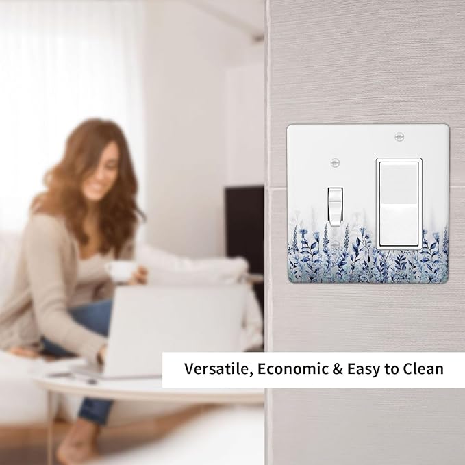 Decorative Outlet Covers Rustic Blue Plants Wildflowers Boho Leaves 2 Gang 1 Gang Wall Plate Single Toggle Rocker Combination Light Switch Covers Plate Jumbo Switch Plate Cover