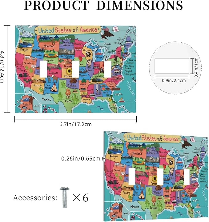 American Map 3 Gang Light Switch Cover Decorative Triple Toggle Wall Plate Electrical Switchplate Standard Size Faceplate Cartoon Animal Educational Geography Rustic Barn Bathroom Bedroom Home Decor