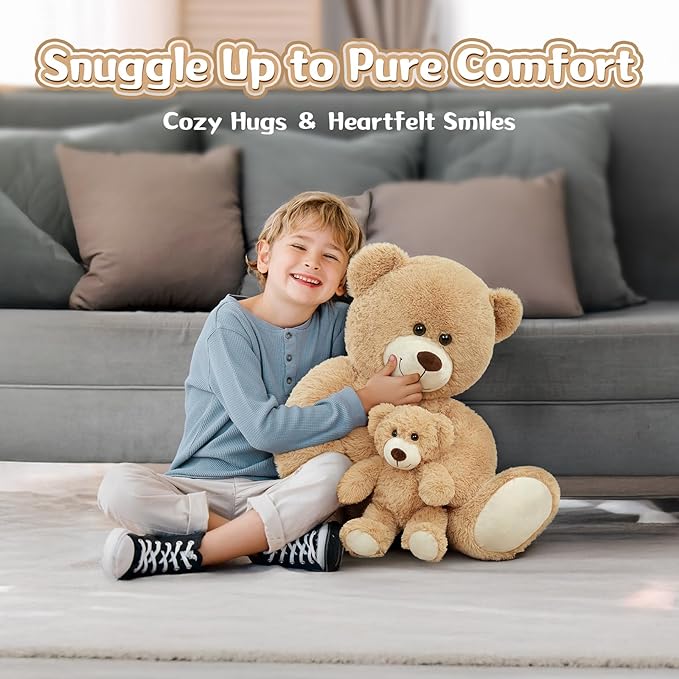 MorisMos Decorations Teddy Bear with Baby for Baby Shower, 39 Inch Soft Bear Stuffed Animal, Gift for Birthday Kids Girls Boys, Party Favor, Tan
