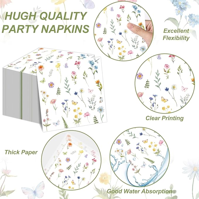 96Pcs Wildflower Party Supplies Floral Themed Paper Plates Napkins Wildflower Butterfly Tableware Disposable Dinnerware Decoration Set for Girls Birthday Wedding Bridal Baby Shower Party Table Decor