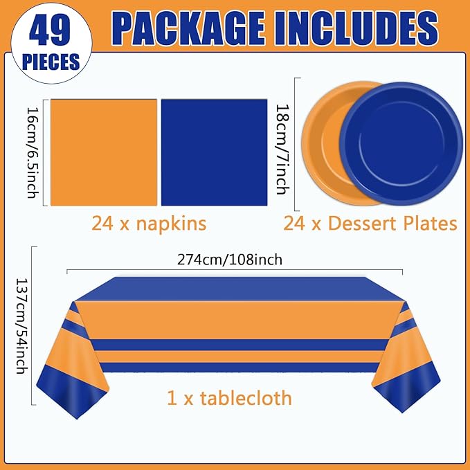 Blue and Orange Party Supplies Serves 24 Orange and Blue Decorations Party Paper Plates and Napkins Plastic War Birthday Tablecloth Dart Disposable Tableware Set for Baby Shower Graduation