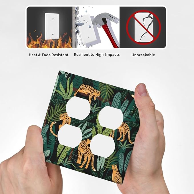 Jungle Cheetah Tropical Wildlife Leopard Green Palm Leaf Outlet Covers 2 Gang Double Duplex Decorative Light Switch Covers Electrical Wallplates Socket Faceplate for Farmhouse Home Decor