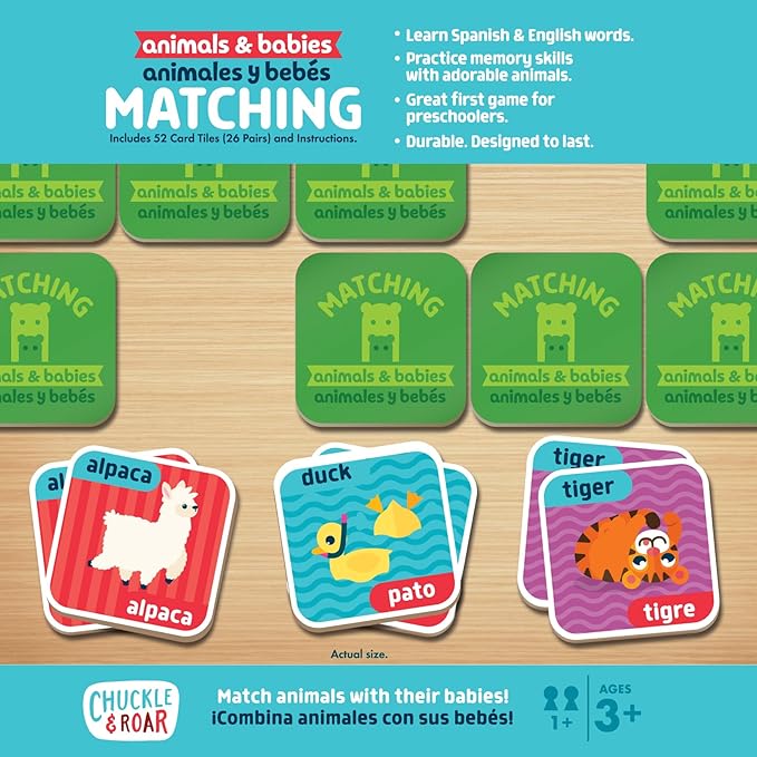 Chuckle & Roar Animals & Babies Matching Memory Game for Kids Ages 3+ – Bilingual Parent & Baby Animal Card Game, Preschool Learning & Concentration Fun