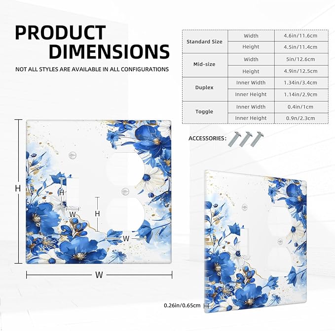 Klein Blue Flowers Watercolor Golden White Floral Wallplates 1 Toggle 1 Duplex Switch Plate Electrical GFCI Faceplate Decorative Light Switch Covers for Bedroom Living Room Decor