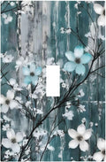 Rustic Blue Watercolor Flower Wooden Background Decorative Light Switch Cover 1 Gang Single Toggle Device Electrical Faceplate Switchplates Decorator Outlet Wall Plate for Bedroom Living Room Decor