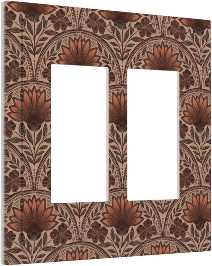 Earth Tone Floral Rustic Damask Boho Flower Decorative Outlet Covers 2 Gang Double GFCI Rocker Electrical Wall Panels Light Switch Cover Plate for Farmhouse Home Decor