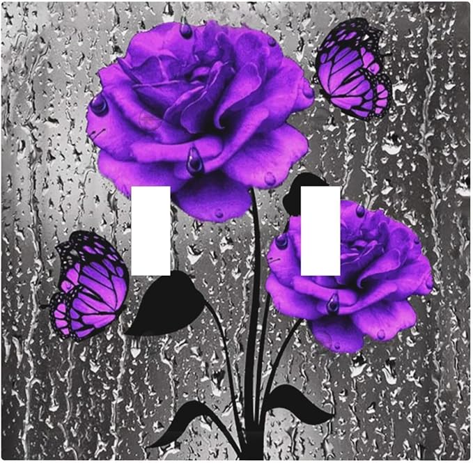 Decorative Purple Rose Butterfly Double Toggle Light Switch Cover, Romantic Lovely Beauty Girly Vibrant Flower 2-Gang Wall Plate Pretty Fashion Woman Electric Receptacle Outlet Switch Face Plate Cover