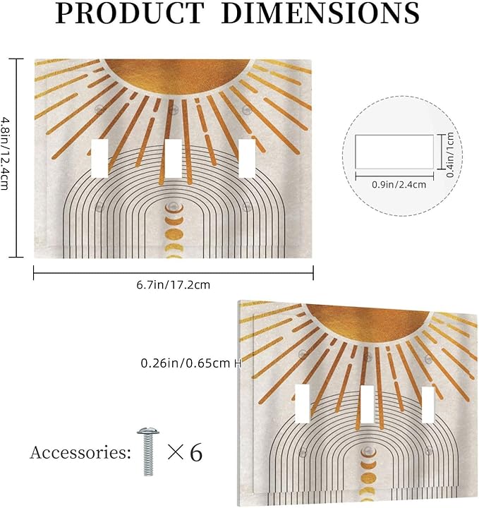 Mid Century Gold Sun Abstract Arch Boho Moon 3 Gang Light Switch Covers Decorative Unique Triple Toggle Wall Plate Electrical Faceplate Switchplate for Kitchen Bathroom Bedroom Home Decor