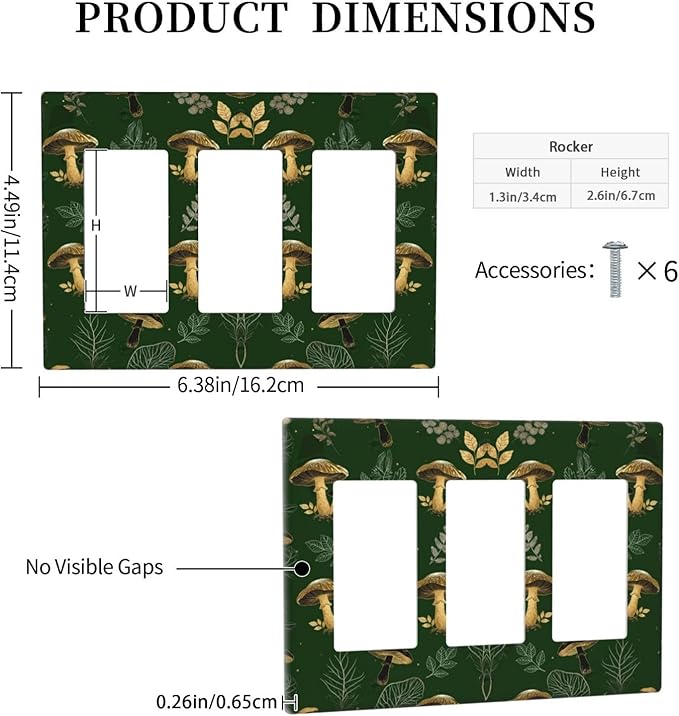Decorative Outlet Covers Cute Gold Mushtroom Green Plant Leaf 3 Gang Light Switch Cover Plate Triple Rocker Wall Plates for Electrical Outlets Switch Plate Covers for Bedroom Home Decor