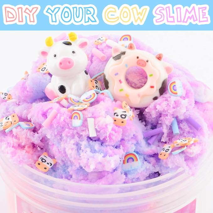 Pink Cow Cloud Slime, Scented Slime with Cute Donut Cow Charms and Rainbow Cloud Add-ins, Birthday Gifts for Kids 4-12, Party Favors for Girls and Boys, Super Soft Sludge Toy