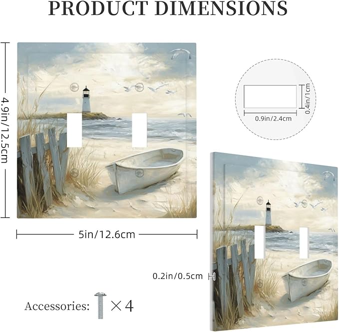 Sea Beach 2 Gang Light Switch Cover Old Ship Reed Lighthouse Seascape Double Toggle Wall Plate Decorative Electrical Switchplate Covers for Country Bedroom Kitchen Living Room Decor
