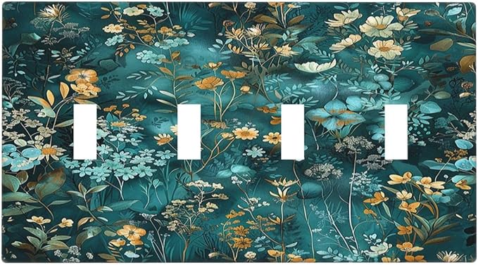 Light Switch Covers Green Leaf Floral Boho Golden Flower Plant Quad Toggle Electrical Faceplate 4 Gang Wall Plate Decorative Switch Plates For Bed Room Cabin Decor