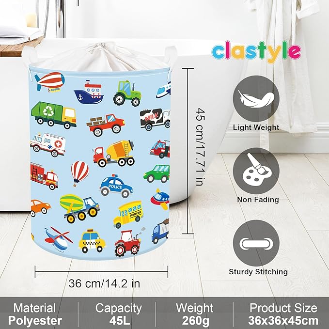 Clastyle Large Construction Truck Kid Laundry Hamper with Handle Boy Bedroom Bathroom Nursery Collapsible Clothes Toy Storage Basket with Lid, Blue, 36x45 cm