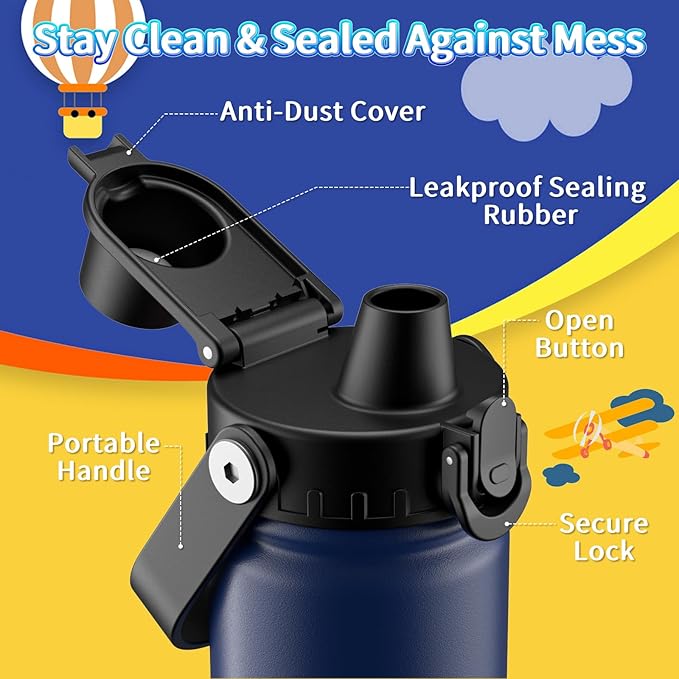 baab 18oz Kids Water Bottle, Insulated Kids Water Bottle with Lockable Spout Lid & Stickers, 18/8 Stainless Steel Vacuum Leakproof Kid Water Cup with Handle for Boy Girl & School (Navy Blue, 1 Pack)