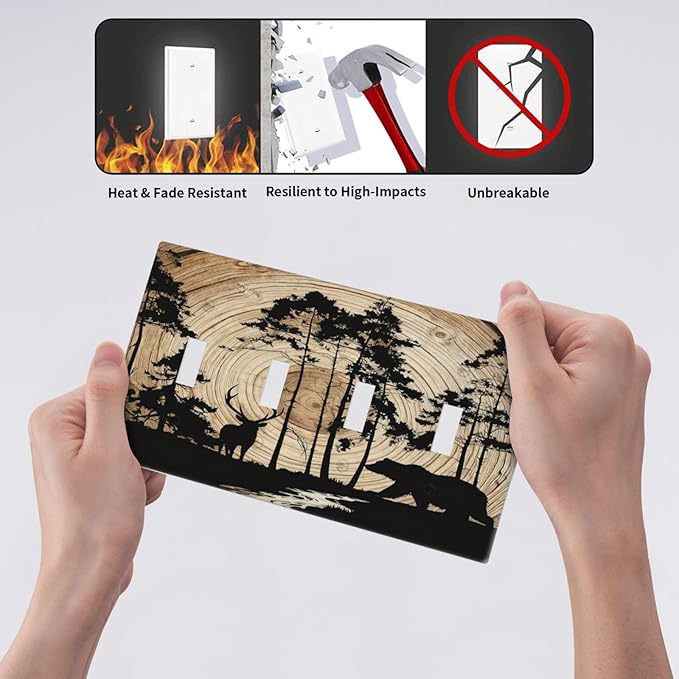 Rustic Forest Antler Black Bear Deer Silhouettes Light Switch Covers Quad Toggle Electrical Faceplate 4 Gang Wall Plate Decorative Switch Plates Cover for Farmhouse Home Decor