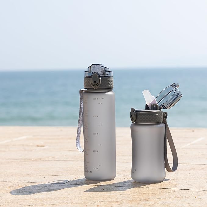 OLDLEY Kids Water Bottle for School, 17 oz (2 lids) BPA-Free Reusable Leak-proof Durable Tritan Plastic Water Bottles with Straw & Chug Lids, Anti-dust Spout Cover (Grey)