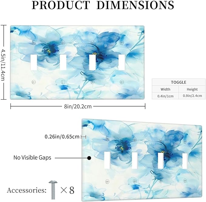 Watercolor Flower Blue White Large Floral Leaf Plants Light Switch Covers Quad Toggle Electrical Faceplate 4 Gang Wall Plate Decorative Switch Plates Cover for Bedroom Living Room Decor