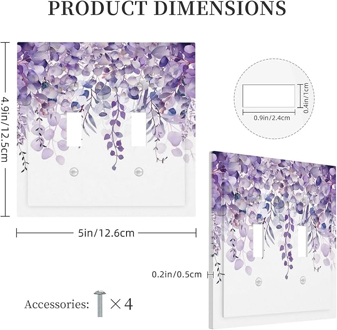 Purple Plants Leaves Eucalyptus Vine Floral Flowers Decorative Switch Plates 2 Gang Double Toggle Outlet Light Switch Cover Wall Plate Electrical Faceplate for Bedroom Living Room Decor