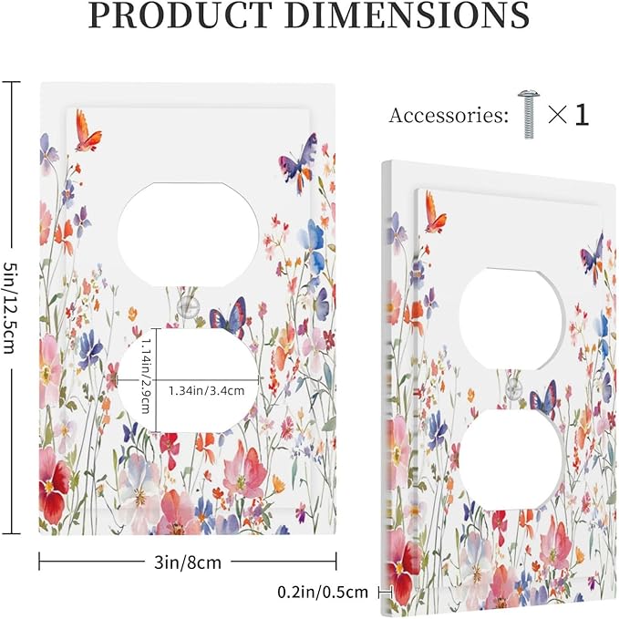 Colorful Flower Watercolor Floral Butterfly Bird Outlet Covers 1 Gang Duplex Light Switch Cover Decorative Switch Plates Electrical Receptacle Faceplate Wall Plate for Bedroom Living Room Decor