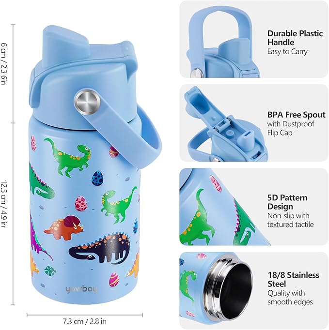 Kids Water Bottle for School 12 oz,Stainless Steel Insulated Water Bottles,Dinosaur Water Bottle for Toddler Boys Girls with Pop-Up Straw-Cap(Dino)