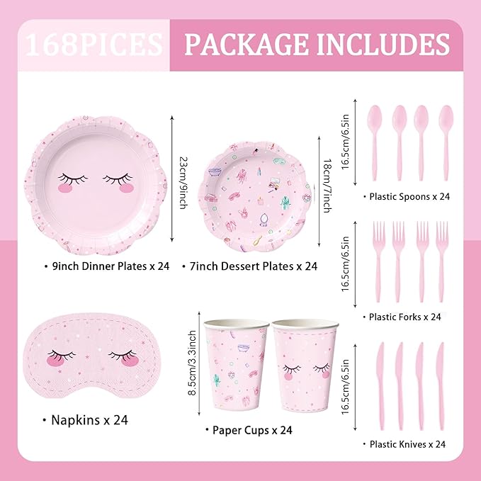 168Pcs Spa Paper Plates Napkins Pink Slumber Spa Tableware Set Sleepover Girls Makeup Birthday Party Supplies for Pajama Party Decorations Serves 24 Guests