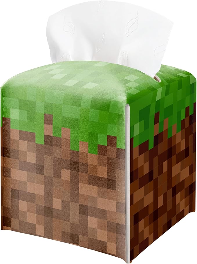 Pixel Grass Block Square Leather Tissue Box Cover – Pixel Theme Party Tissue Box Cover Holder Square, Pixelated Decor for Bathroom Nightstand Kitchen, Birthday Party Gift for Kids & Their Friends