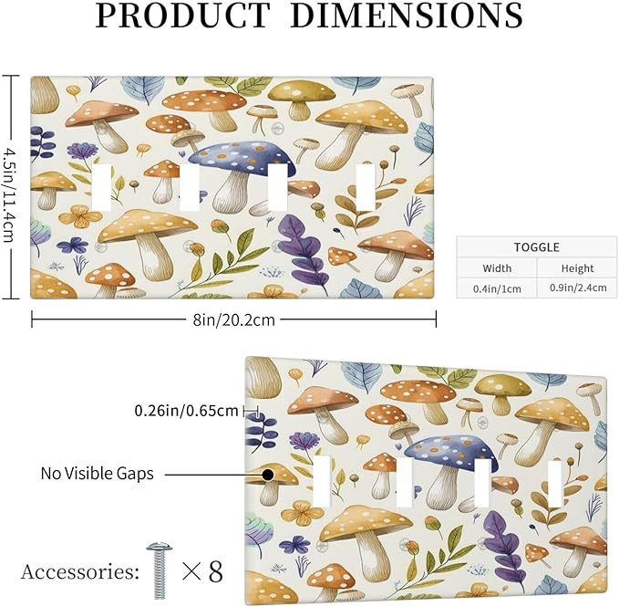 Boho Watercolor Mushroom Flowers Leaf Colorful Floral Light Switch Covers Quad Toggle Electrical Faceplate 4 Gang Wall Plate Decorative Switch Plates Cover for Kids Room Nursery Decor