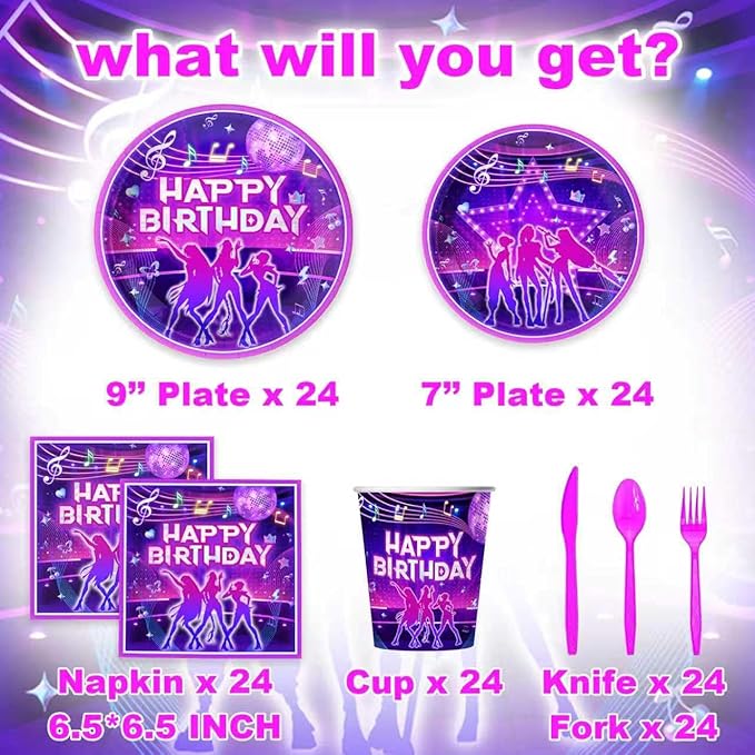 Kpop Music Themed Party Supplies for Fans Music Birthday Party,Kpop Girl Group Idol Celebration Decorations Disposable Tableware Set With Plates, Cups, Napkins & Cutlery for 24 Guests